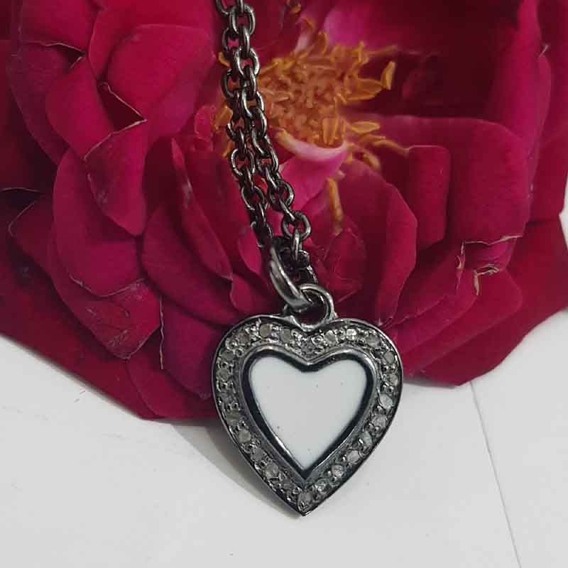 Glorious Heart Charm With Pave Diamond Layers And White Enamel, Minimalist Heart Charm, Silver Jewelry