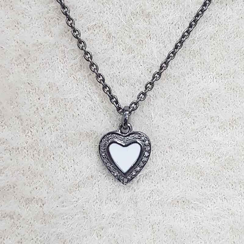 Glorious Heart Charm With Pave Diamond Layers And White Enamel, Minimalist Heart Charm, Silver Jewelry