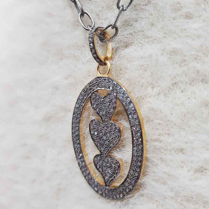 3 Joined Heart Oval shaped Pave Diamond silver Pendant, Stylish Heart Necklace, Silver Jewelry