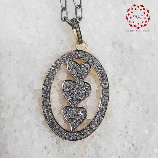 3 Joined Heart Oval shaped Pave Diamond silver Pendant, Stylish Heart Necklace, Silver Jewelry