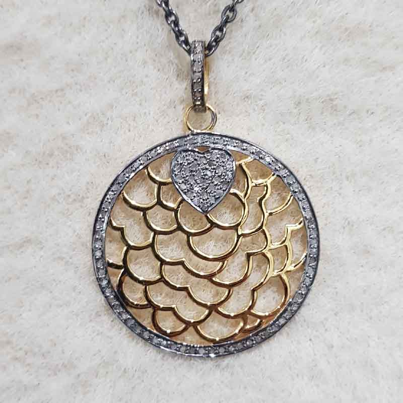 Round Designer Pave Diamond Fancy Style Pendant, Celestial Circle Pendant, Little Heart Round Necklace