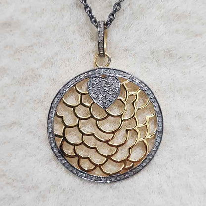 Round Designer Pave Diamond Fancy Style Pendant, Celestial Circle Pendant, Little Heart Round Necklace