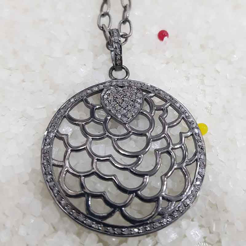 Round Designer Pave Diamond Fancy Style Pendant, Celestial Circle Pendant, Little Heart Round Necklace