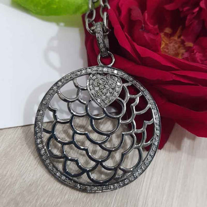 Round Designer Pave Diamond Fancy Style Pendant, Celestial Circle Pendant, Little Heart Round Necklace