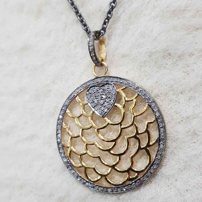 Round Designer Pave Diamond Fancy Style Pendant, Celestial Circle Pendant, Little Heart Round Necklace