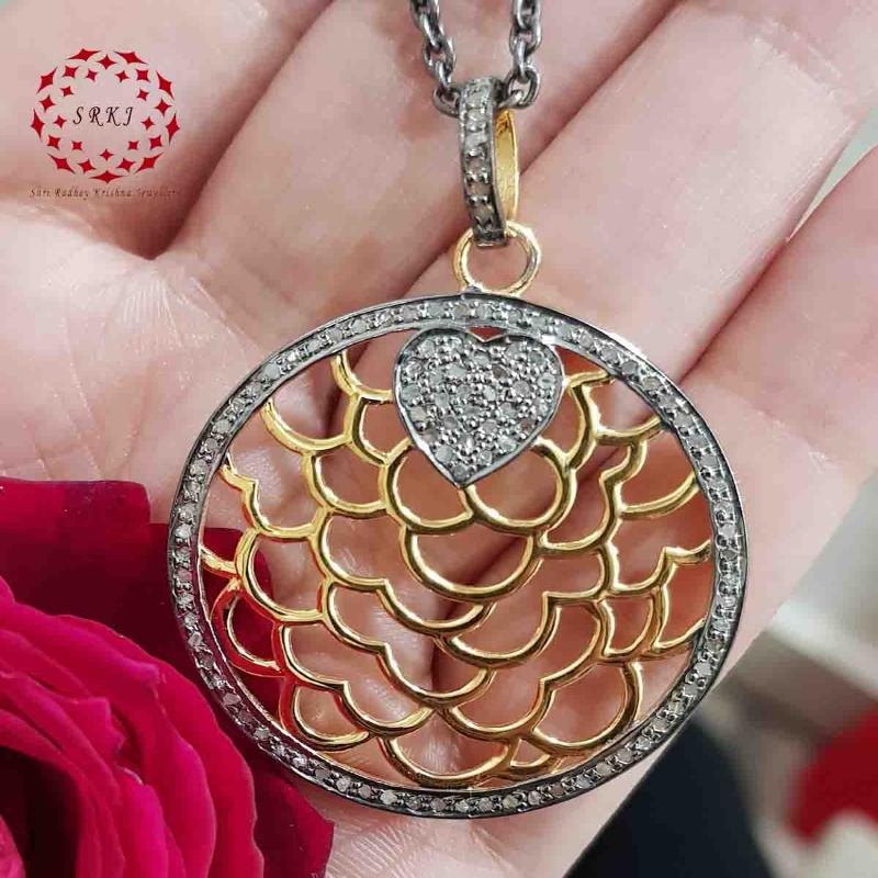 Round Designer Pave Diamond Fancy Style Pendant, Celestial Circle Pendant, Little Heart Round Necklace