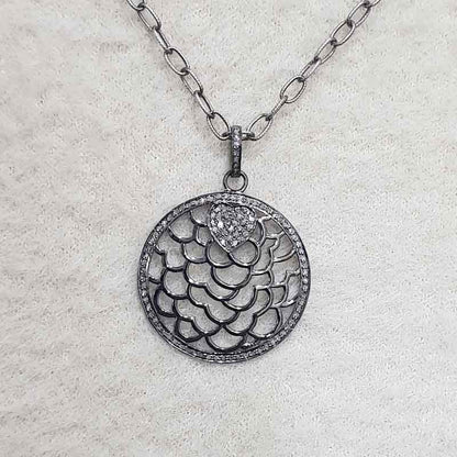 Round Designer Pave Diamond Fancy Style Pendant, Celestial Circle Pendant, Little Heart Round Necklace