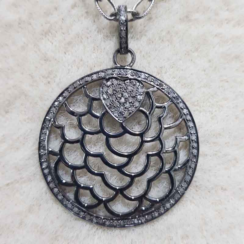 Round Designer Pave Diamond Fancy Style Pendant, Celestial Circle Pendant, Little Heart Round Necklace