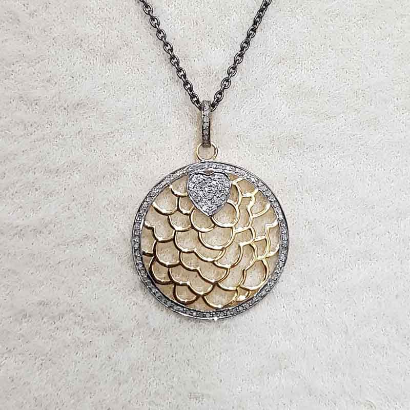 Round Designer Pave Diamond Fancy Style Pendant, Celestial Circle Pendant, Little Heart Round Necklace