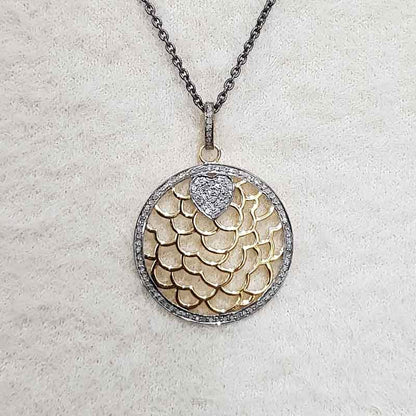 Round Designer Pave Diamond Fancy Style Pendant, Celestial Circle Pendant, Little Heart Round Necklace