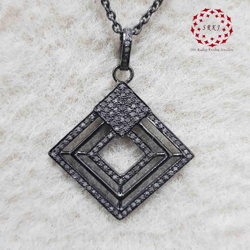 Stunning Fancy Designer Pave Diamond Lovely Pendant, Shiny Black Fancy Necklace, Silver Jewelry