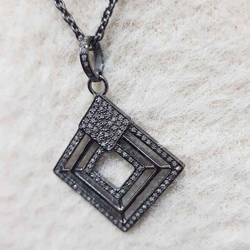 Stunning Fancy Designer Pave Diamond Lovely Pendant, Shiny Black Fancy Necklace, Silver Jewelry