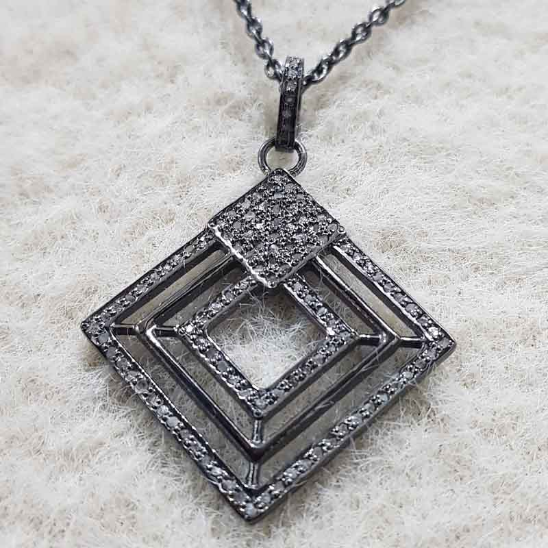 Stunning Fancy Designer Pave Diamond Lovely Pendant, Shiny Black Fancy Necklace, Silver Jewelry