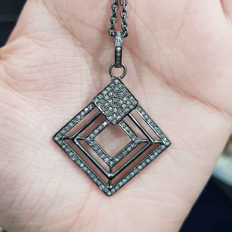 Stunning Fancy Designer Pave Diamond Lovely Pendant, Shiny Black Fancy Necklace, Silver Jewelry