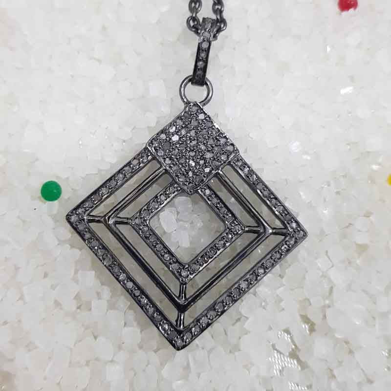 Stunning Fancy Designer Pave Diamond Lovely Pendant, Shiny Black Fancy Necklace, Silver Jewelry