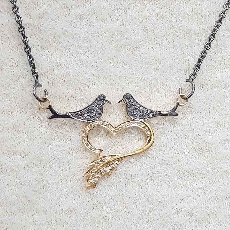 Beautiful Love Bird Pendant With Pave Diamond layers, Stunning heart Necklace, Love Bird Necklace, Gift For Love Birds