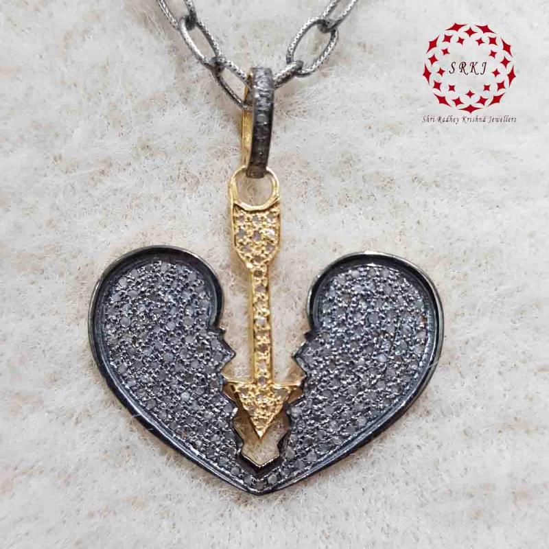 Heart Break Natural Pave Diamond Silver Pendant, Beautiful Heart Necklace, Gift For Him, Her