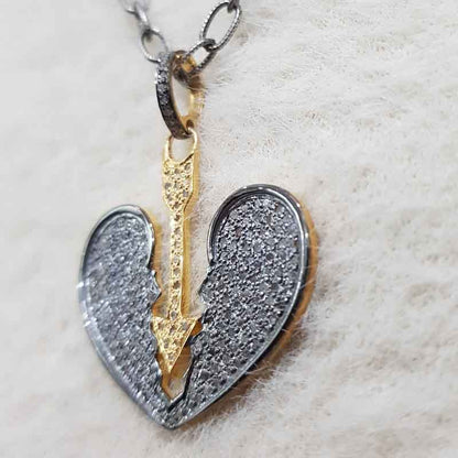 Heart Break Natural Pave Diamond Silver Pendant, Beautiful Heart Necklace, Gift For Him, Her