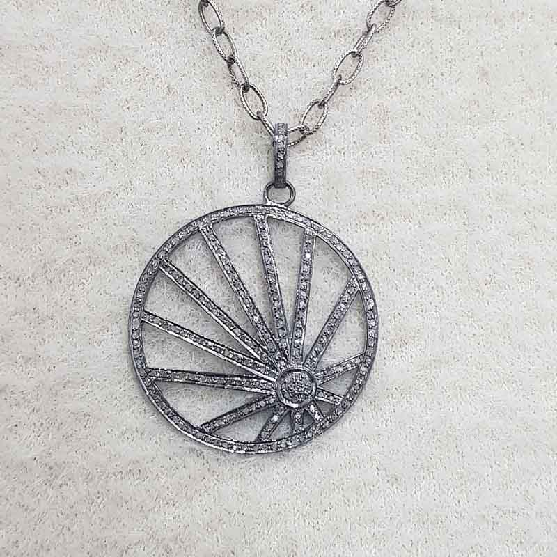 Round Fancy Style Pendant With Pave Diamond Layers, Unique Design Round Necklace, Silver Jewelry