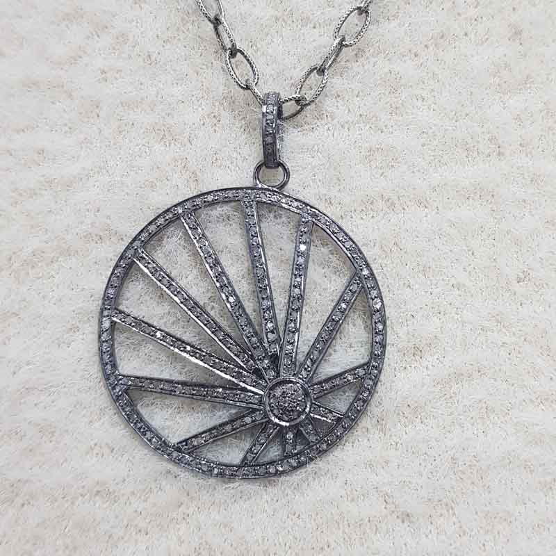 Round Fancy Style Pendant With Pave Diamond Layers, Unique Design Round Necklace, Silver Jewelry