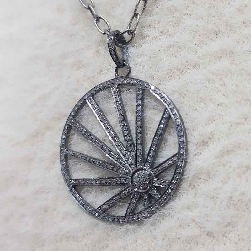 Round Fancy Style Pendant With Pave Diamond Layers, Unique Design Round Necklace, Silver Jewelry