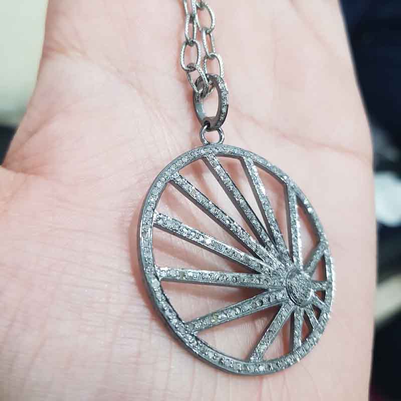 Round Fancy Style Pendant With Pave Diamond Layers, Unique Design Round Necklace, Silver Jewelry