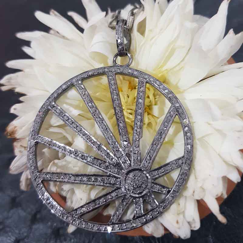 Round Fancy Style Pendant With Pave Diamond Layers, Unique Design Round Necklace, Silver Jewelry