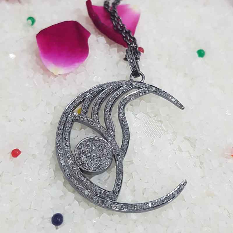 Moon Designer Handmade Style Pave Diamond pendant, Moon Half Necklace, Gift For Her, Him