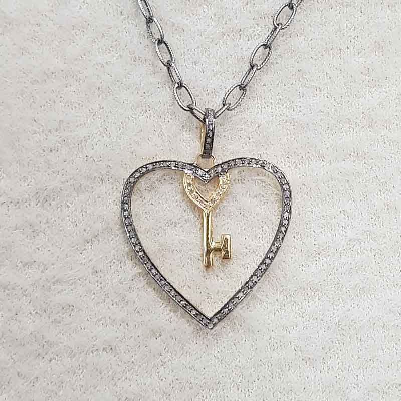 Graceful Heart Pendant With Joined Key, Forever Key Heart Necklace, Gift For Love, Silver Jewelry