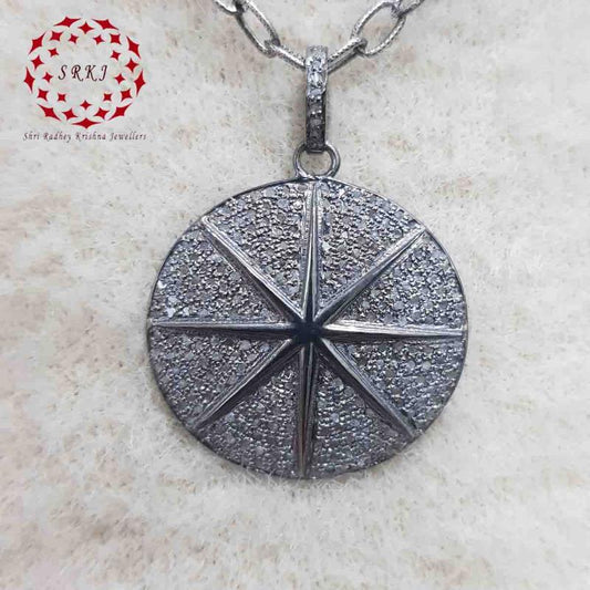 Unique Designer Round Star Pendant With pave Layers, Amazing black Round Necklace, Gift For Loved One