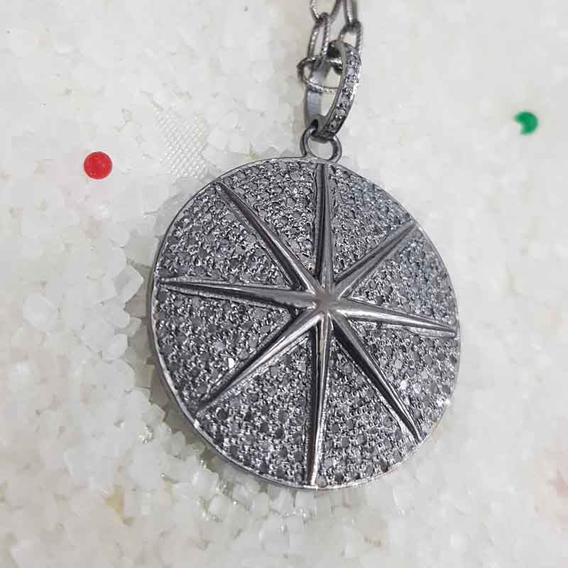 Unique Designer Round Star Pendant With pave Layers, Amazing black Round Necklace, Gift For Loved One