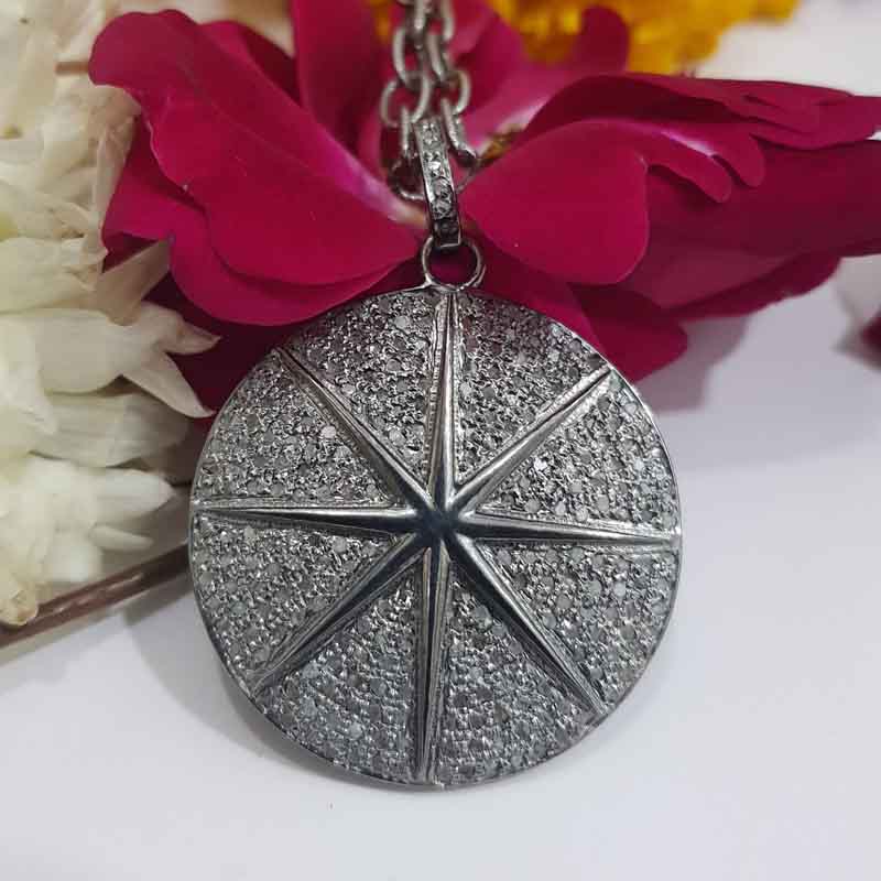 Unique Designer Round Star Pendant With pave Layers, Amazing black Round Necklace, Gift For Loved One