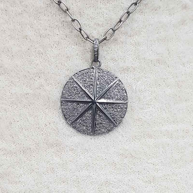 Unique Designer Round Star Pendant With pave Layers, Amazing black Round Necklace, Gift For Loved One