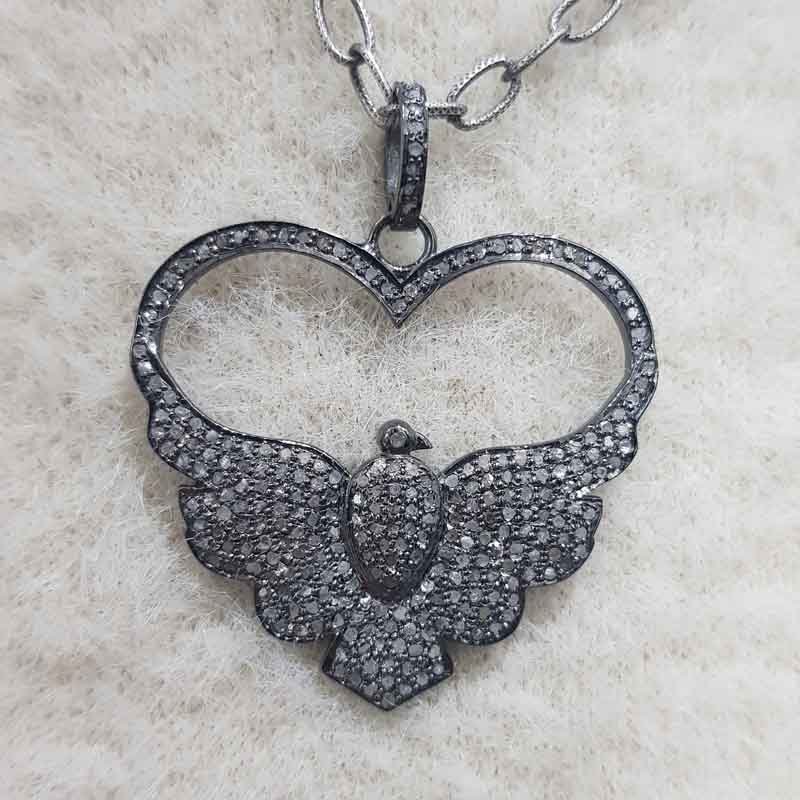 Flying Love Bird Pendant With Pave Diamond Layers, Unique Heart Necklace, Silver Jewelry