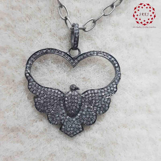 Flying Love Bird Pendant With Pave Diamond Layers, Unique Heart Necklace, Silver Jewelry