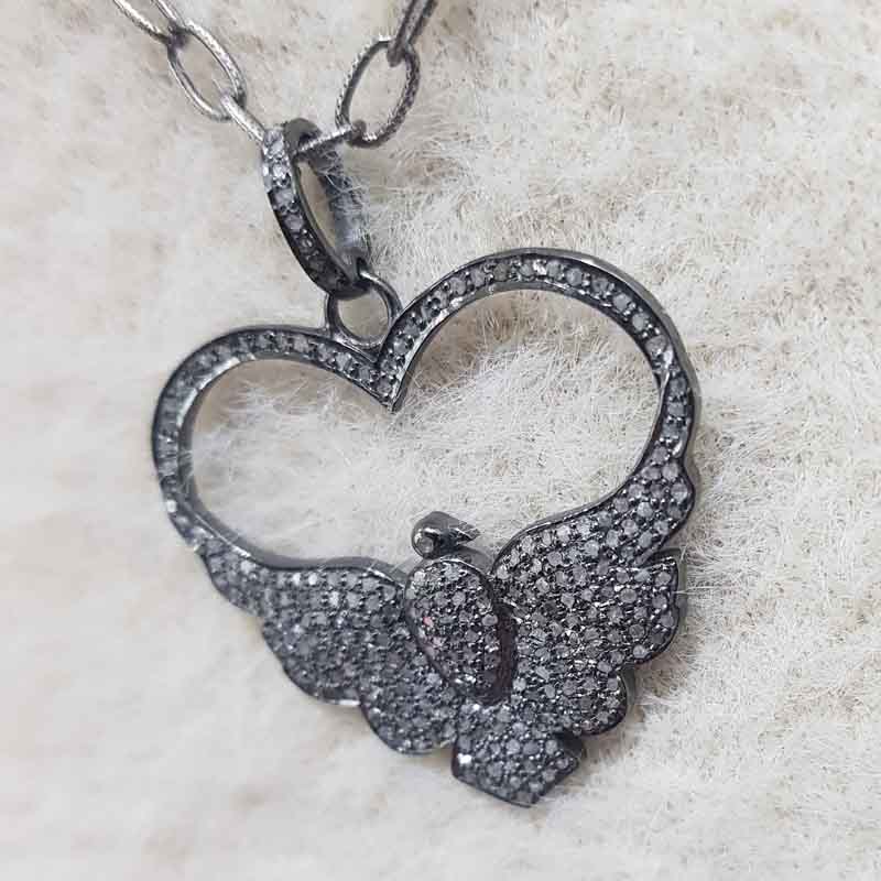 Flying Love Bird Pendant With Pave Diamond Layers, Unique Heart Necklace, Silver Jewelry