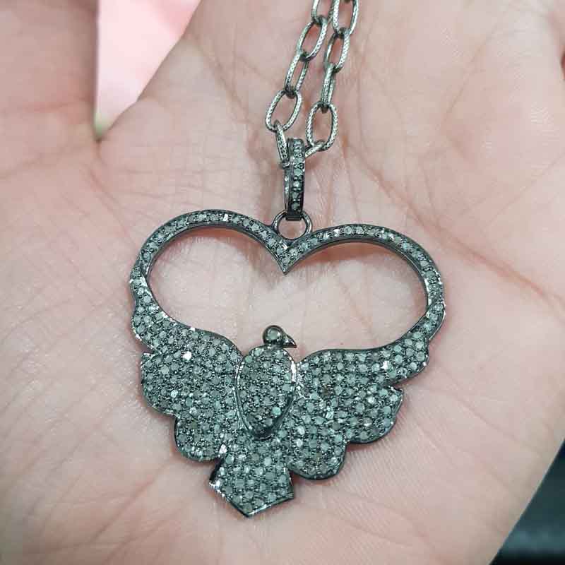 Flying Love Bird Pendant With Pave Diamond Layers, Unique Heart Necklace, Silver Jewelry