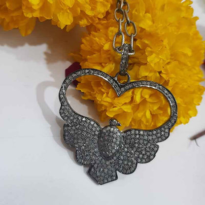 Flying Love Bird Pendant With Pave Diamond Layers, Unique Heart Necklace, Silver Jewelry