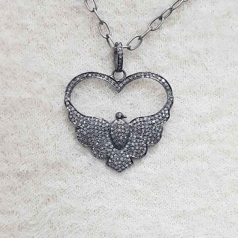 Flying Love Bird Pendant With Pave Diamond Layers, Unique Heart Necklace, Silver Jewelry