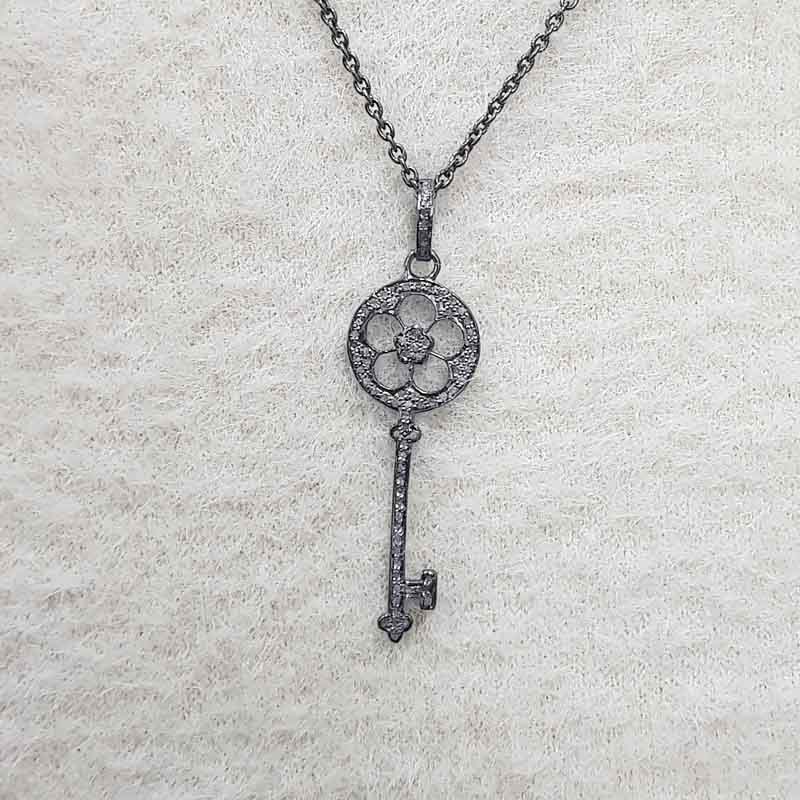 Beautiful Flower Style Key Pendant, Flower Style key Necklace, Silver Jewelry