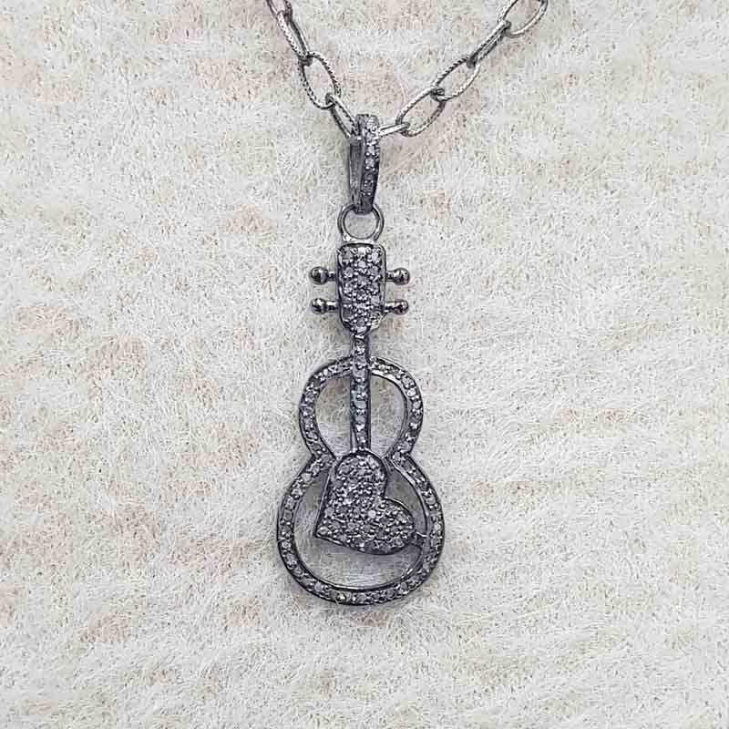 Guitar With Heart Pave Diamond Handmade Designer Pendant, Key to the Heart Necklace, Gift For Music Lovers, Birthday Gift