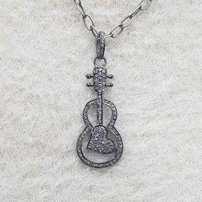 Guitar With Heart Pave Diamond Handmade Designer Pendant, Key to the Heart Necklace, Gift For Music Lovers, Birthday Gift