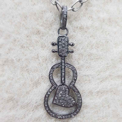 Guitar With Heart Pave Diamond Handmade Designer Pendant, Key to the Heart Necklace, Gift For Music Lovers, Birthday Gift