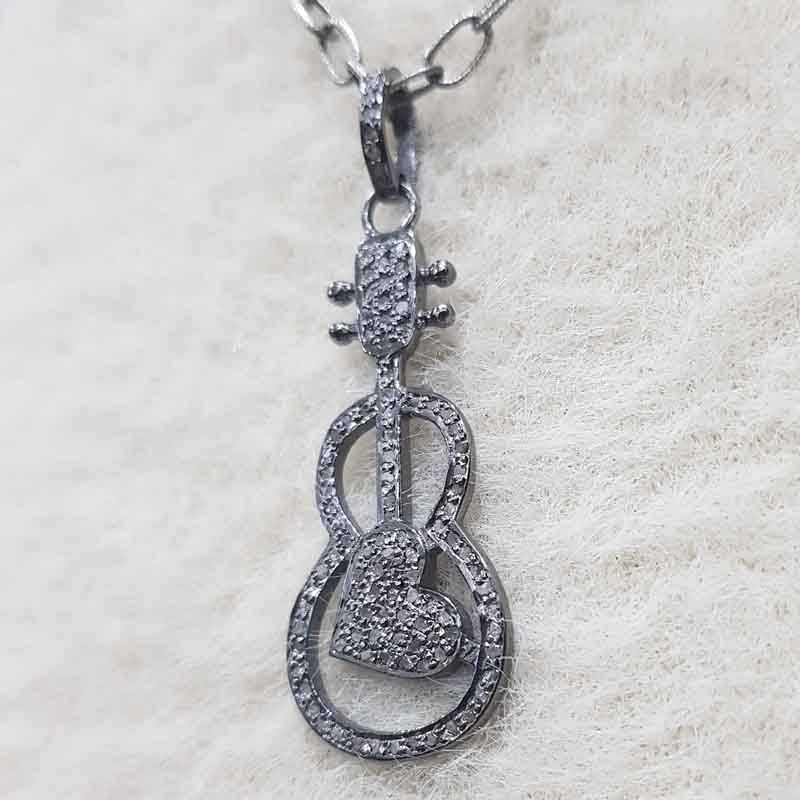 Guitar With Heart Pave Diamond Handmade Designer Pendant, Key to the Heart Necklace, Gift For Music Lovers, Birthday Gift