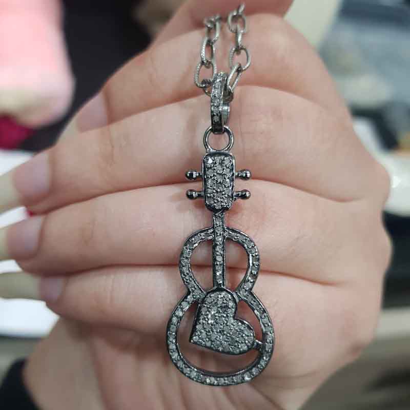 Guitar With Heart Pave Diamond Handmade Designer Pendant, Key to the Heart Necklace, Gift For Music Lovers, Birthday Gift