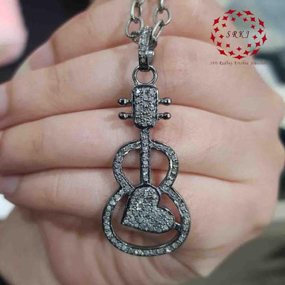 Guitar With Heart Pave Diamond Handmade Designer Pendant, Key to the Heart Necklace, Gift For Music Lovers, Birthday Gift