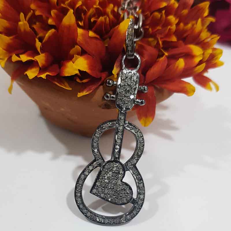 Guitar With Heart Pave Diamond Handmade Designer Pendant, Key to the Heart Necklace, Gift For Music Lovers, Birthday Gift