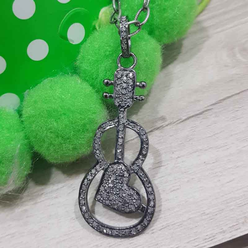 Guitar With Heart Pave Diamond Handmade Designer Pendant, Key to the Heart Necklace, Gift For Music Lovers, Birthday Gift