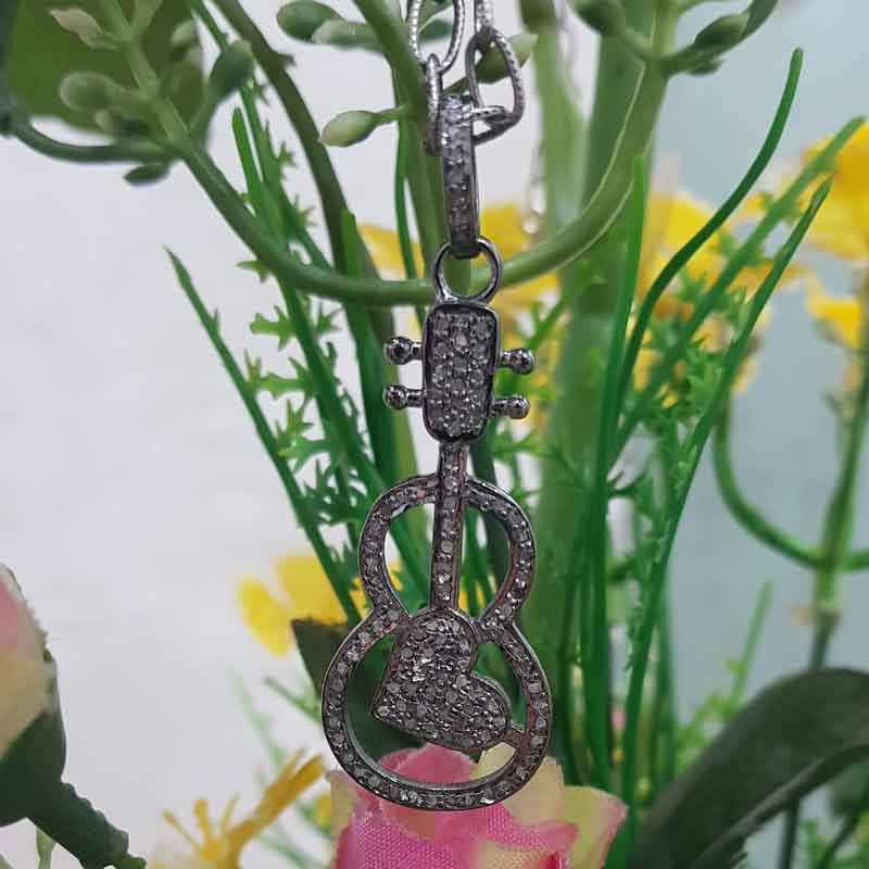 Guitar With Heart Pave Diamond Handmade Designer Pendant, Key to the Heart Necklace, Gift For Music Lovers, Birthday Gift