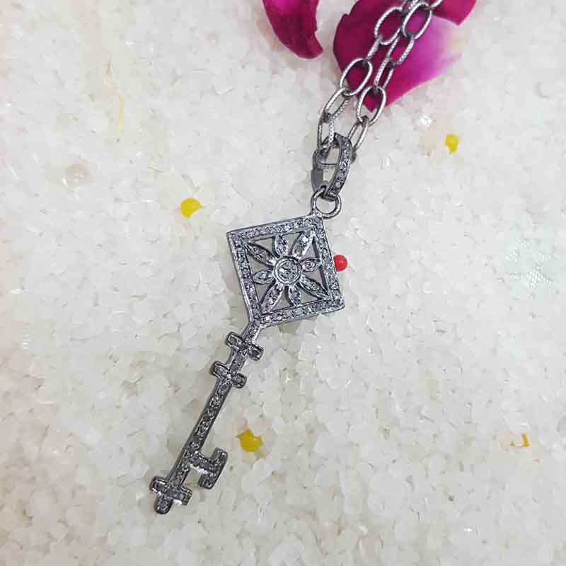 Fancy Designer Pave Diamond 925 Sterling Silver Key Pendant, Flower Key Necklace, Gift For Her, Him